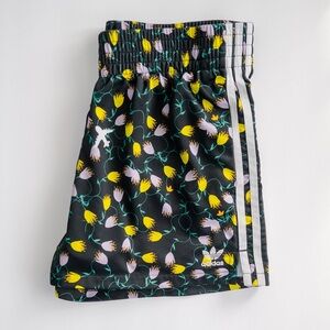 Adidas Floral Athletic Shorts Womens Medium Black Yellow 3 Stripe